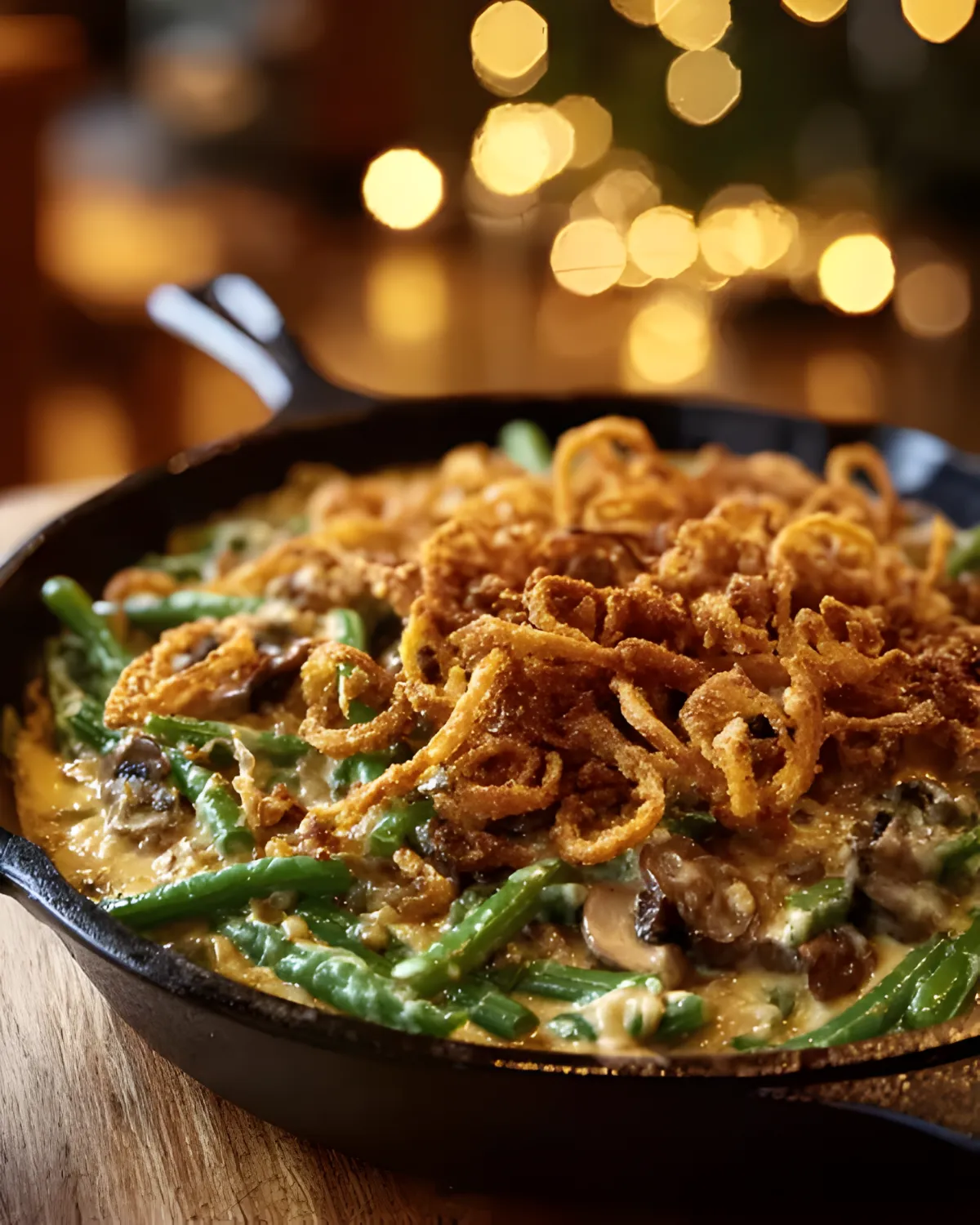 Vegan green bean casserole with crispy fried onions in a cast iron skillet, perfect for the holidays.