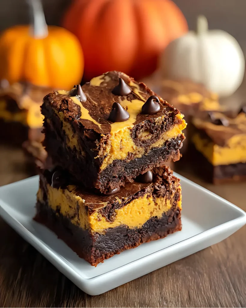 Close-up of rich and fudgy pumpkin cheesecake brownies topped with chocolate chips, served on a white plate with pumpkins in the background.