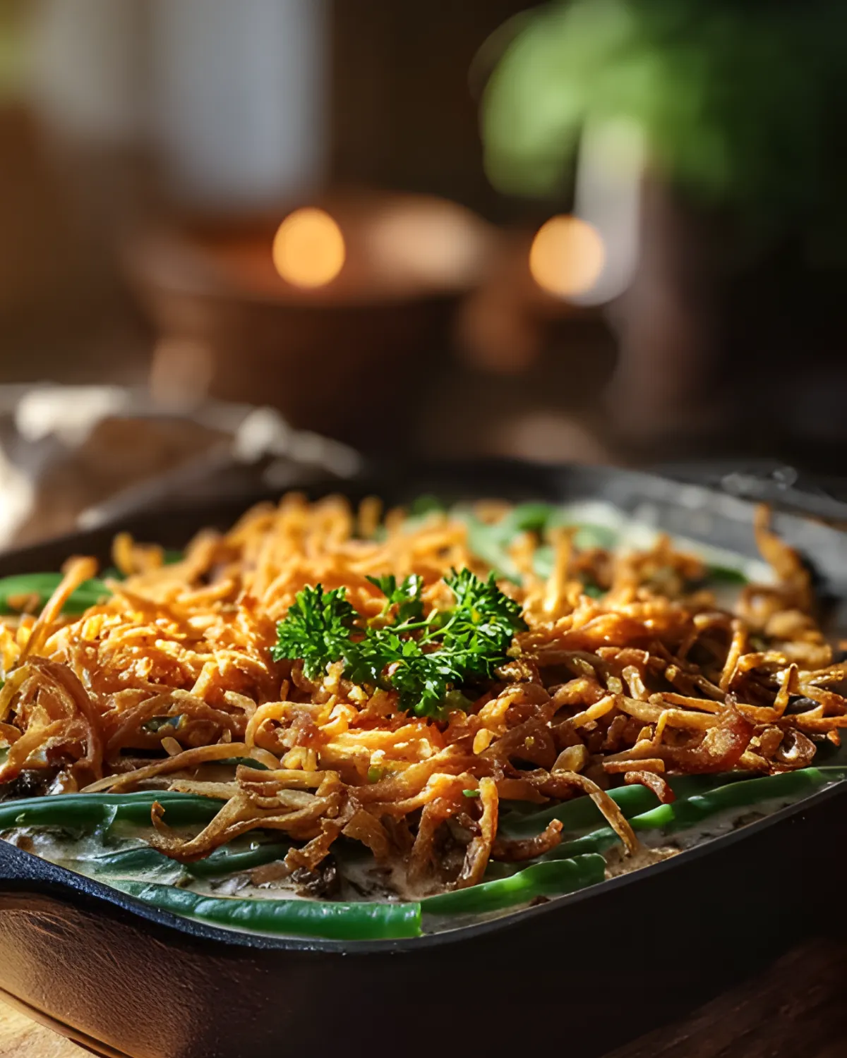 Vegan green bean casserole topped with crispy fried onions and fresh parsley in a baking dish.