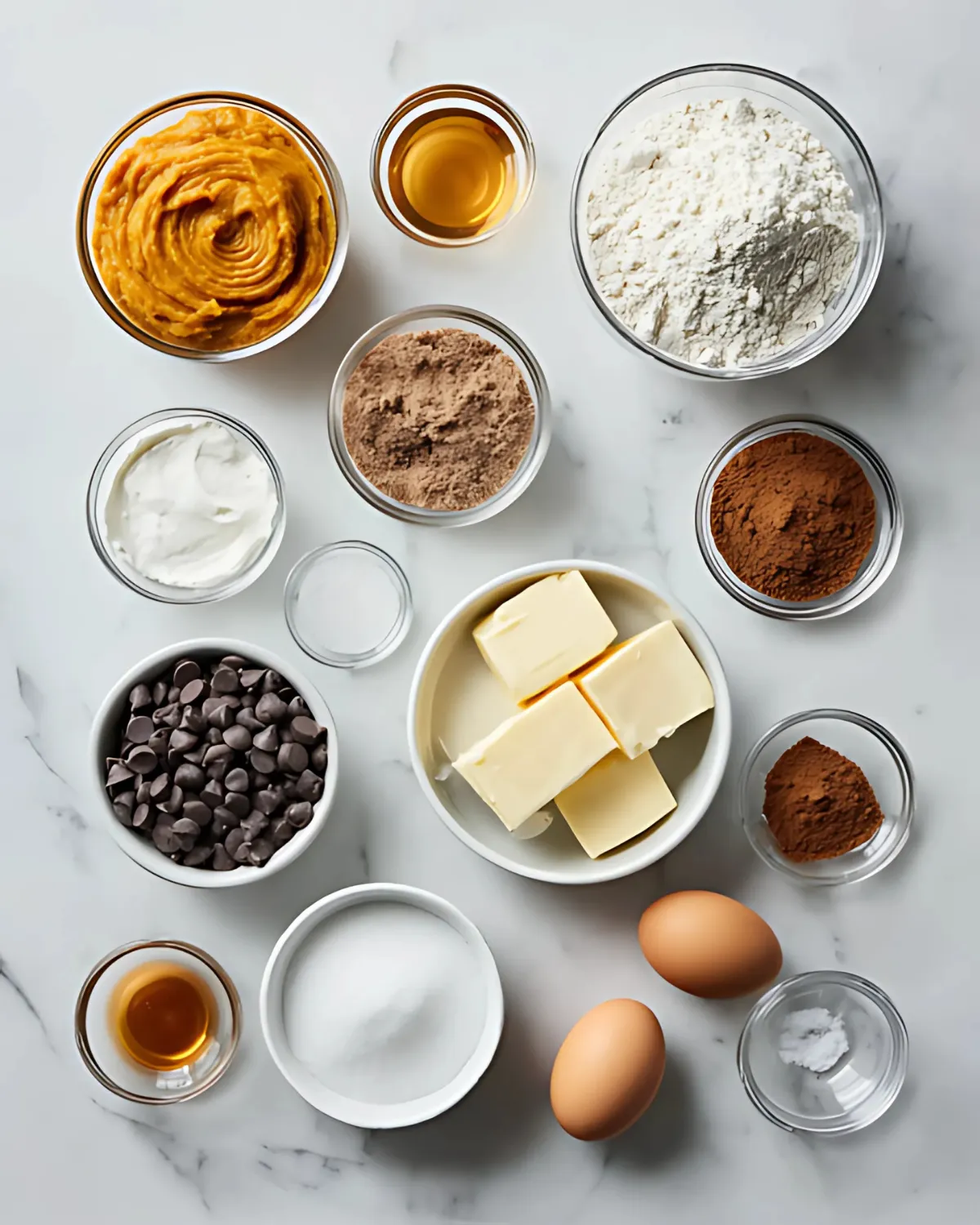 Flat lay of pumpkin cheesecake brownies ingredients including pumpkin puree, butter, flour, cocoa powder, eggs, sugar, chocolate chips, and spices on a marble surface.