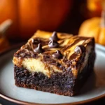 Close-up of a rich pumpkin cheesecake brownie with swirled layers of chocolate and cheesecake, topped with melted chocolate chips on a plate.