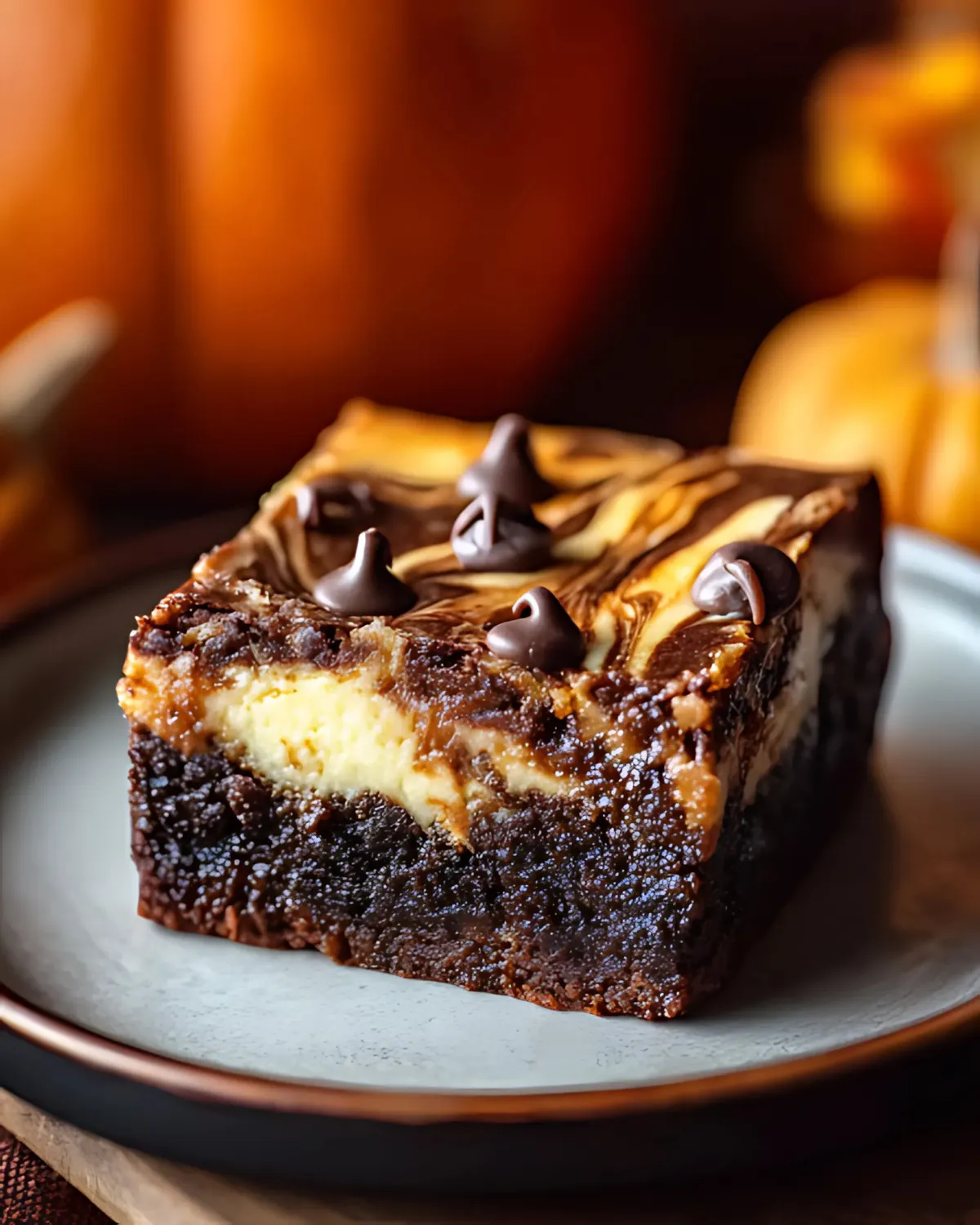 Close-up of a rich pumpkin cheesecake brownie with swirled layers of chocolate and cheesecake, topped with melted chocolate chips on a plate.