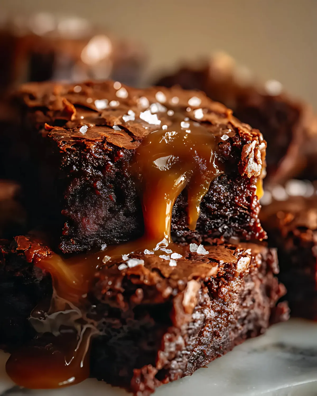 Close-up of gooey salted caramel pumpkin brownies with melted caramel and flaky sea salt.