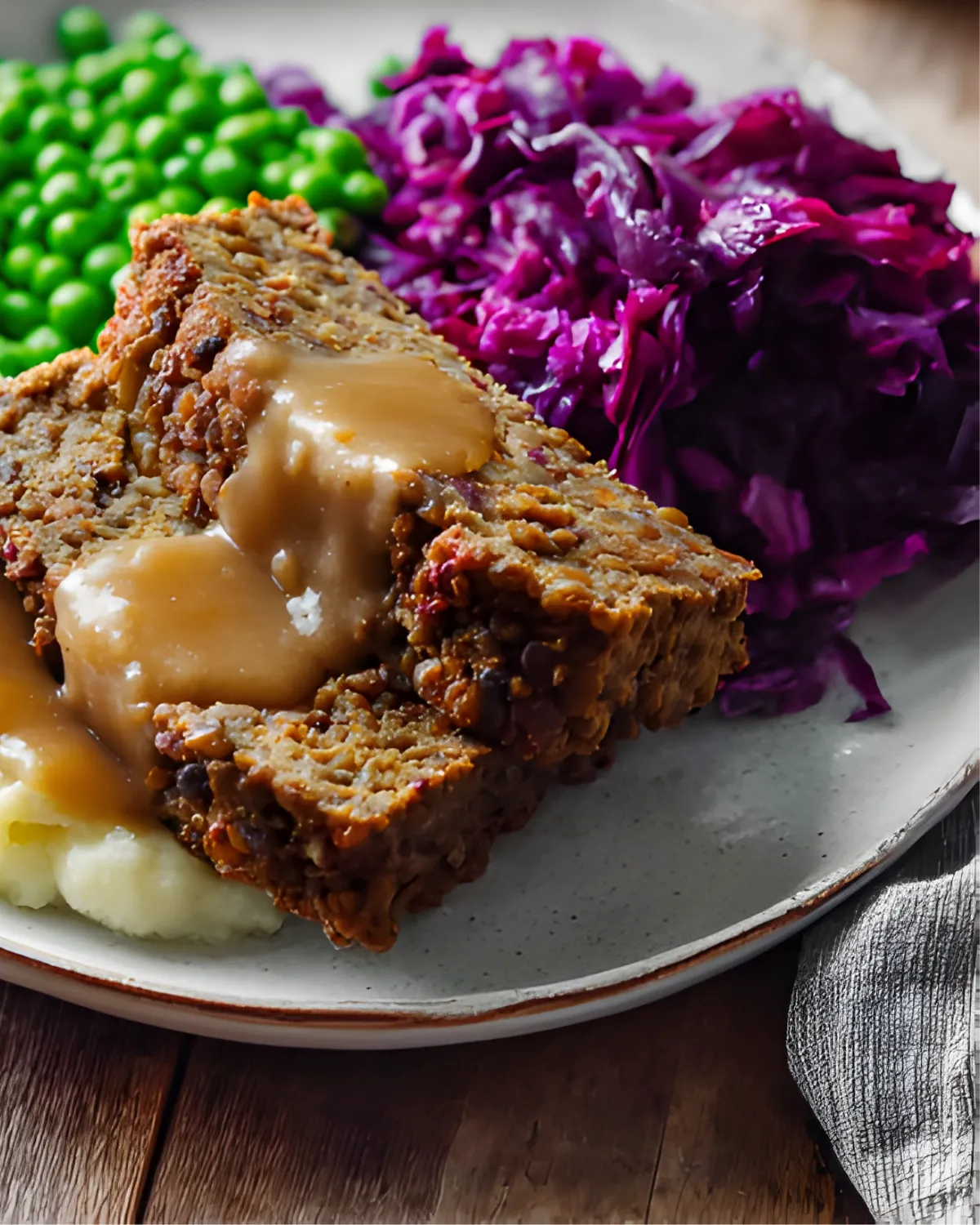 Close-up of a hearty Vegan Mushroom Lentil Loaf served with mashed potatoes, gravy, green peas, and braised red cabbage on a rustic plate.