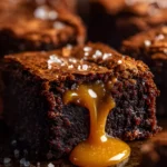 Close-up of a fudgy salted caramel pumpkin brownie with caramel dripping out and sea salt flakes on top.