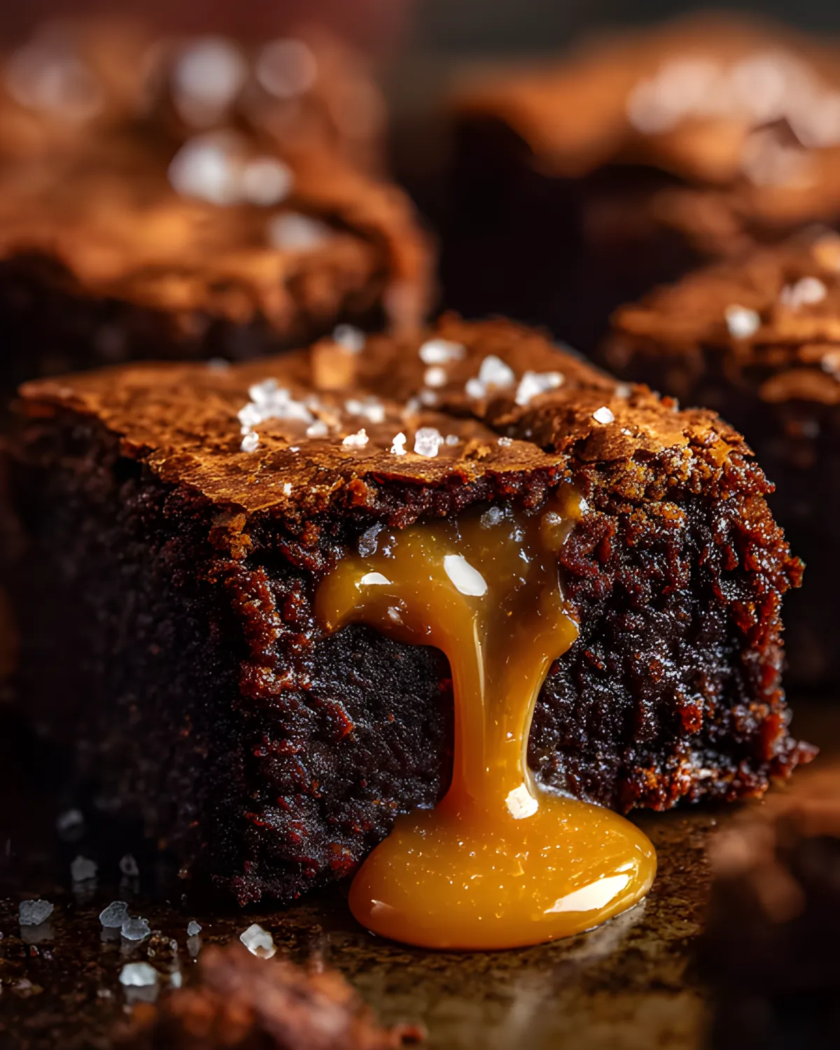 Close-up of a fudgy salted caramel pumpkin brownie with caramel dripping out and sea salt flakes on top.