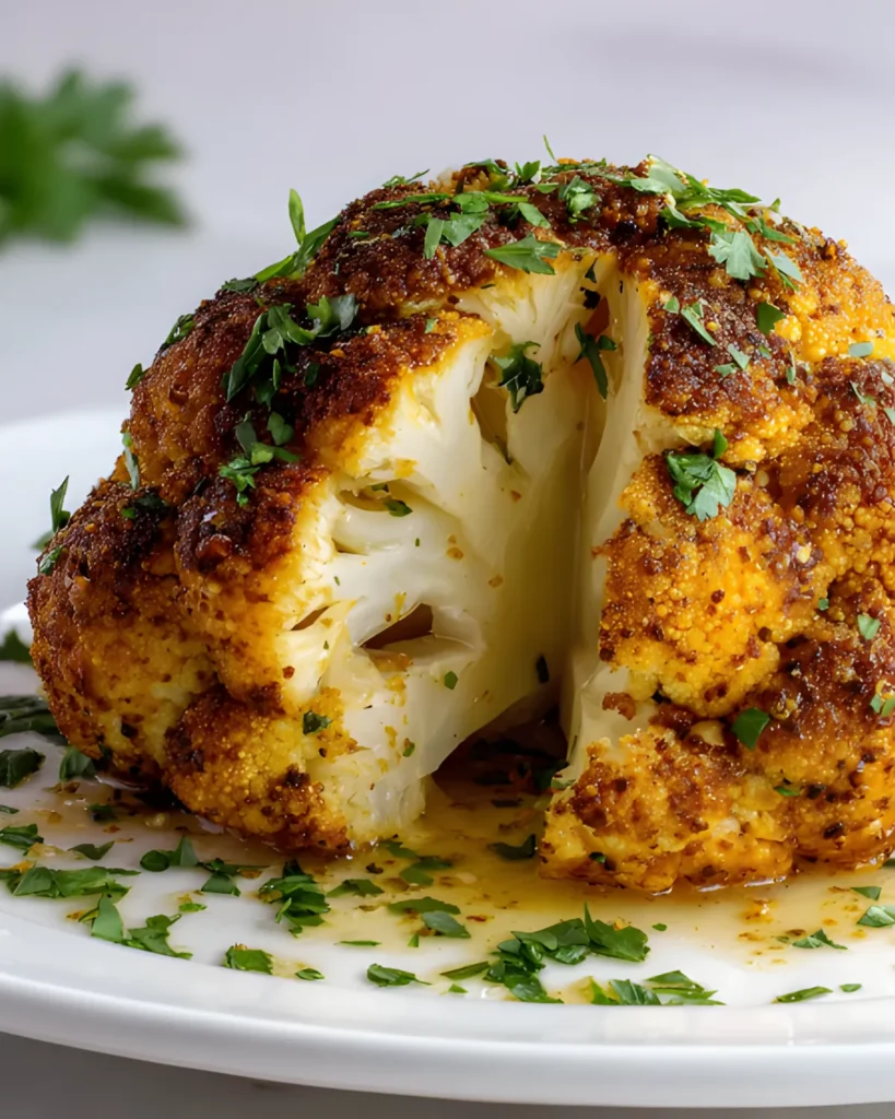 Whole Roasted Cauliflower Recipe with crispy golden crust and fresh herbs