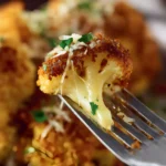 Close-up of crispy Whole Roasted Cauliflower Recipe with melted cheese and parsley on a fork