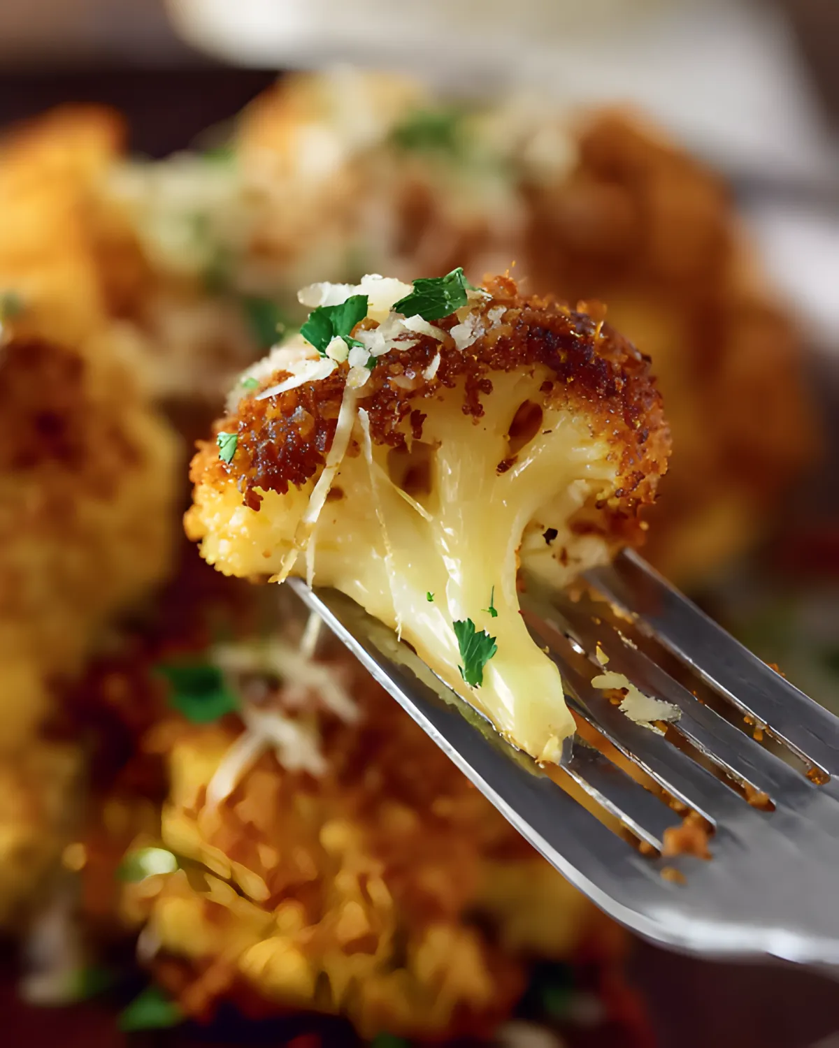 Close-up of crispy Whole Roasted Cauliflower Recipe with melted cheese and parsley on a fork