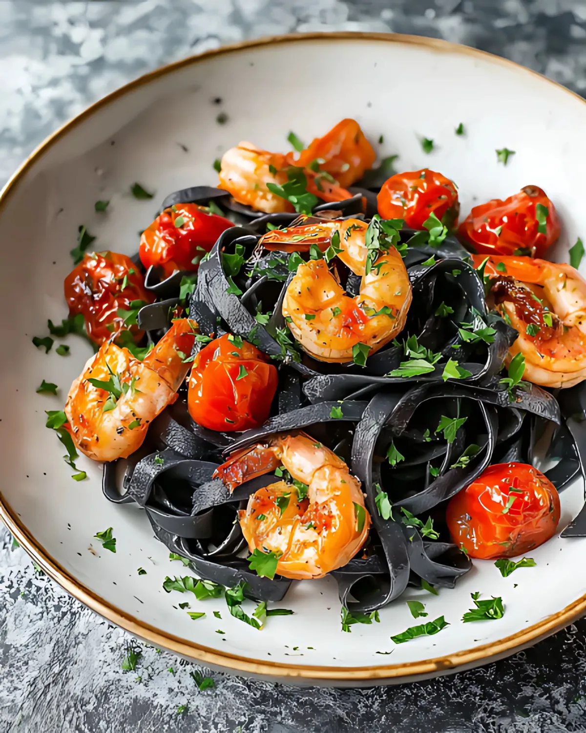 Black squid ink spaghetti served with shrimp, roasted cherry tomatoes, and fresh parsley garnish