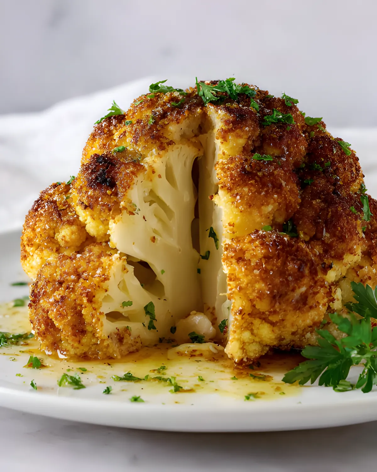 Whole Roasted Cauliflower Recipe served on a white plate with crispy golden crust and herbs