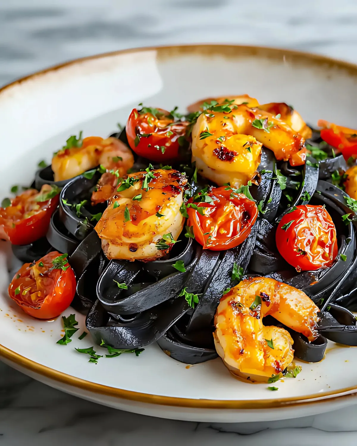 Black squid ink spaghetti with seared garlic shrimp, cherry tomatoes, and fresh parsley on a white plate