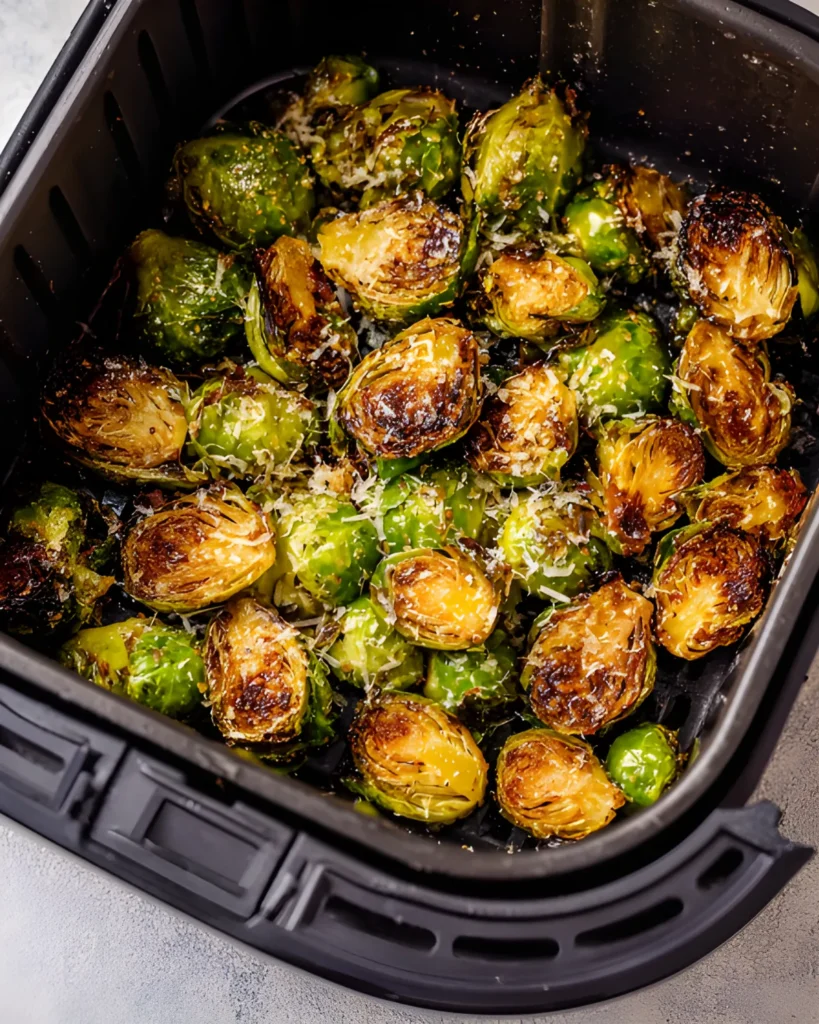 Air fryer Brussels sprouts cooked to golden perfection inside the air fryer basket, sprinkled with parmesan.