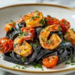 Black squid ink spaghetti topped with pan-seared shrimp, roasted cherry tomatoes, and fresh parsley on a marble background