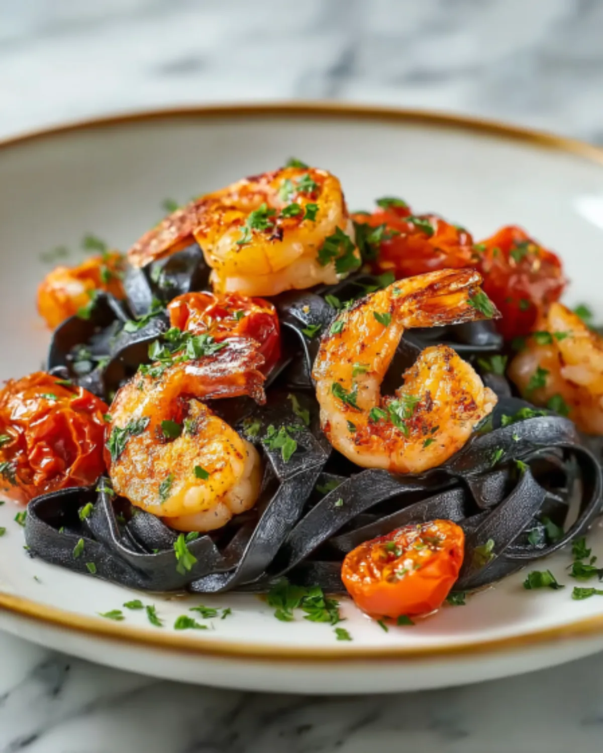 Black squid ink spaghetti topped with pan-seared shrimp, roasted cherry tomatoes, and fresh parsley on a marble background