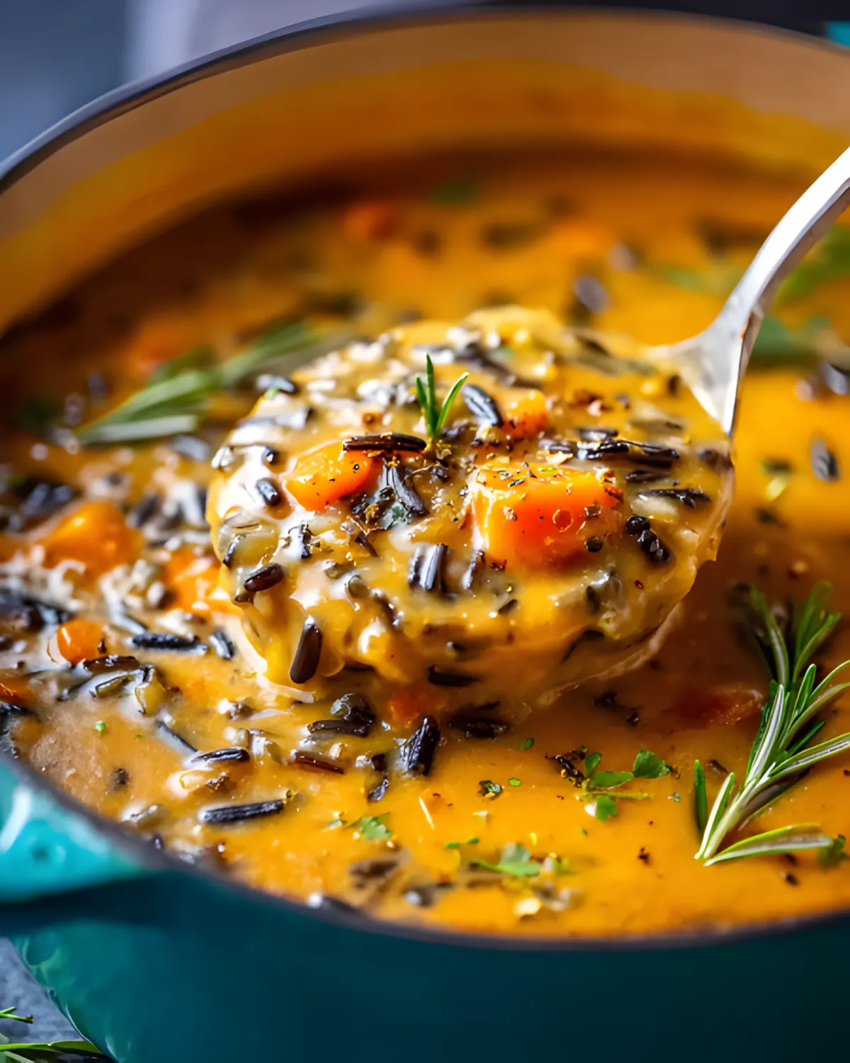 A hearty bowl of vegan pumpkin wild rice soup with carrots and herbs in a blue pot.