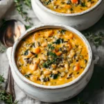 Two white bowls filled with creamy vegan pumpkin wild rice soup, topped with fresh herbs.