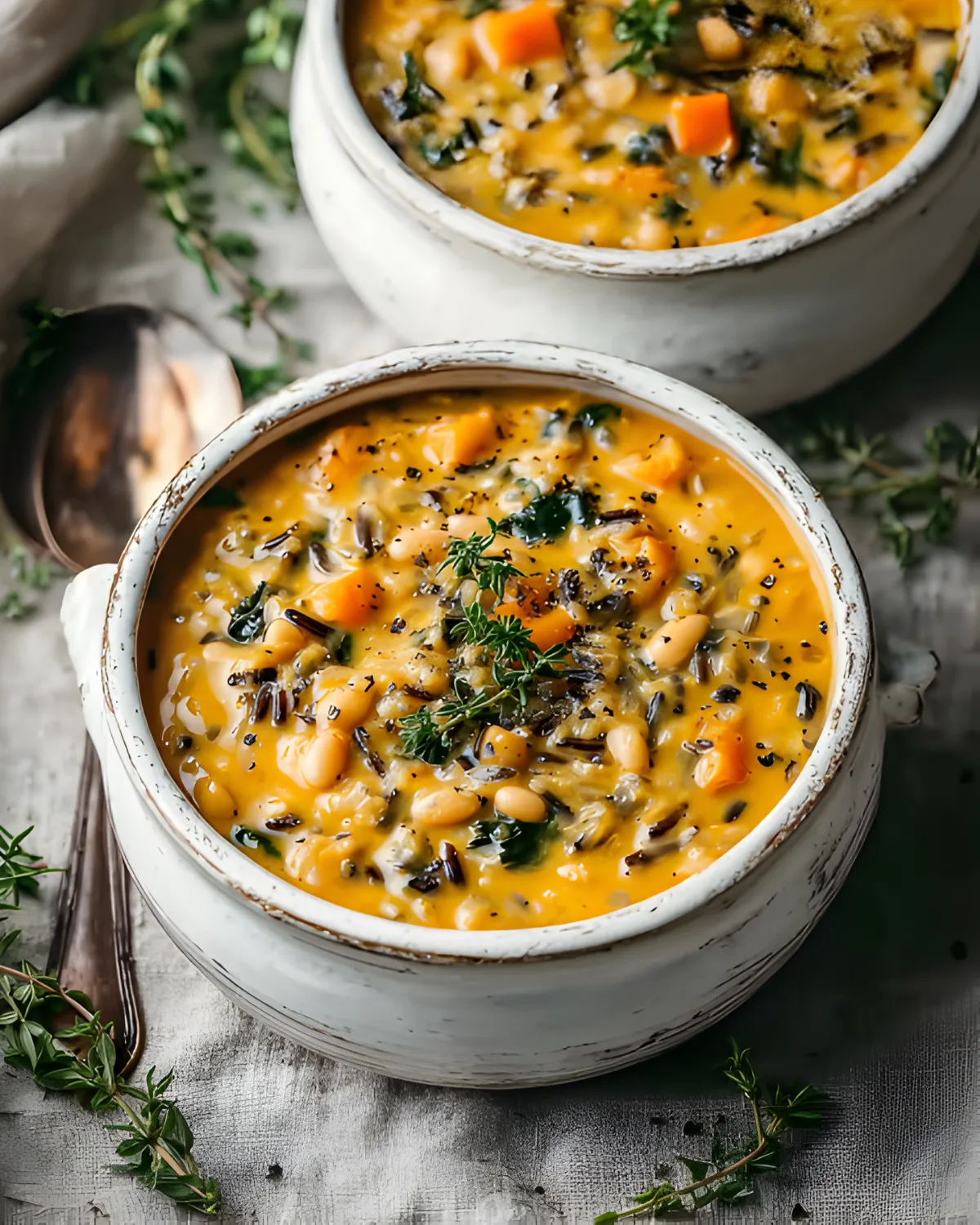 Two white bowls filled with creamy vegan pumpkin wild rice soup, topped with fresh herbs.