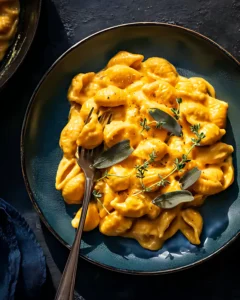 Creamy pumpkin mac and cheese served on a dark plate with fresh sage and thyme