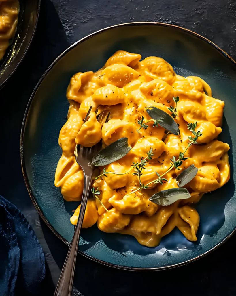 Creamy pumpkin mac and cheese served on a dark plate with fresh sage and thyme