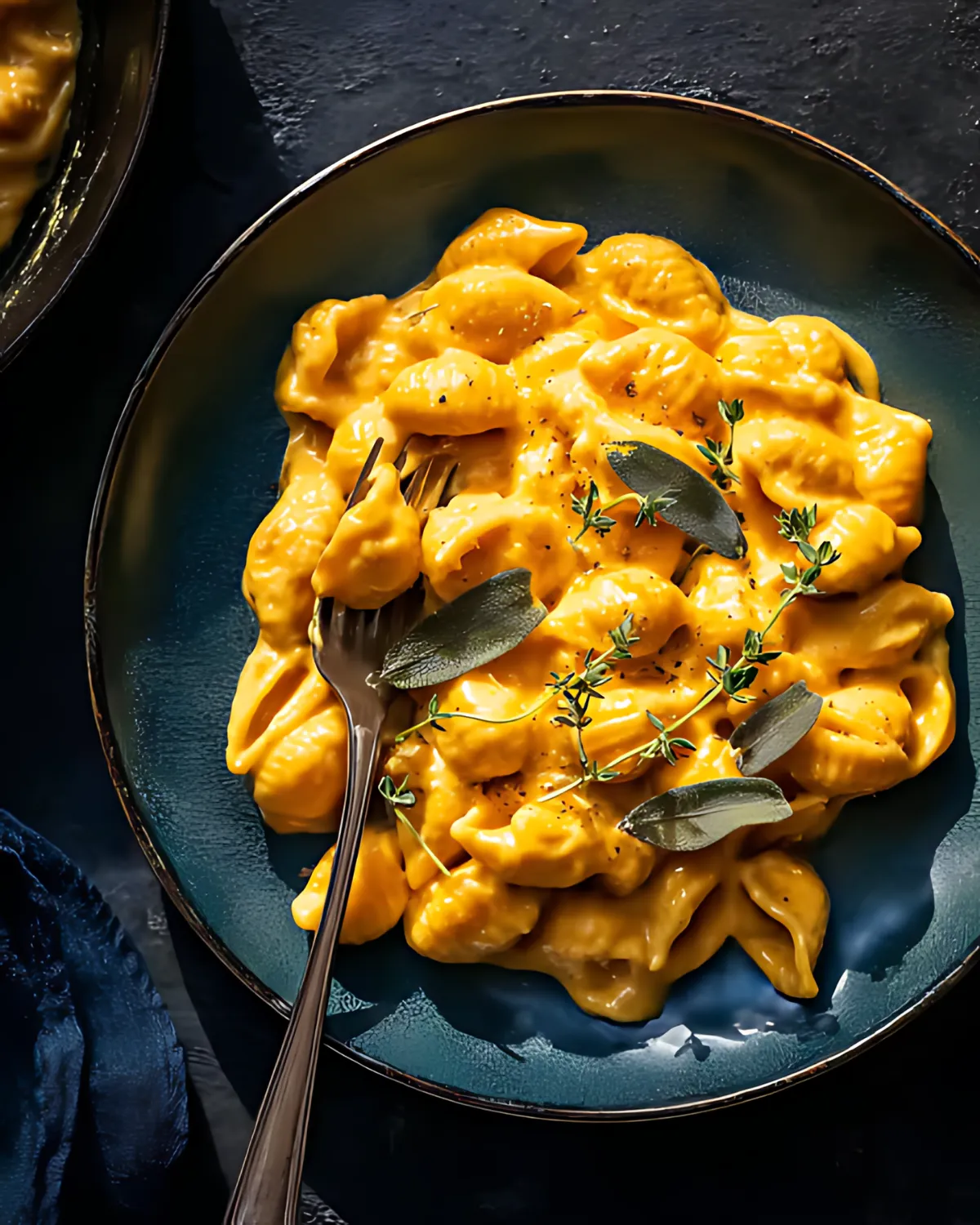 Creamy pumpkin mac and cheese served on a dark plate with fresh sage and thyme