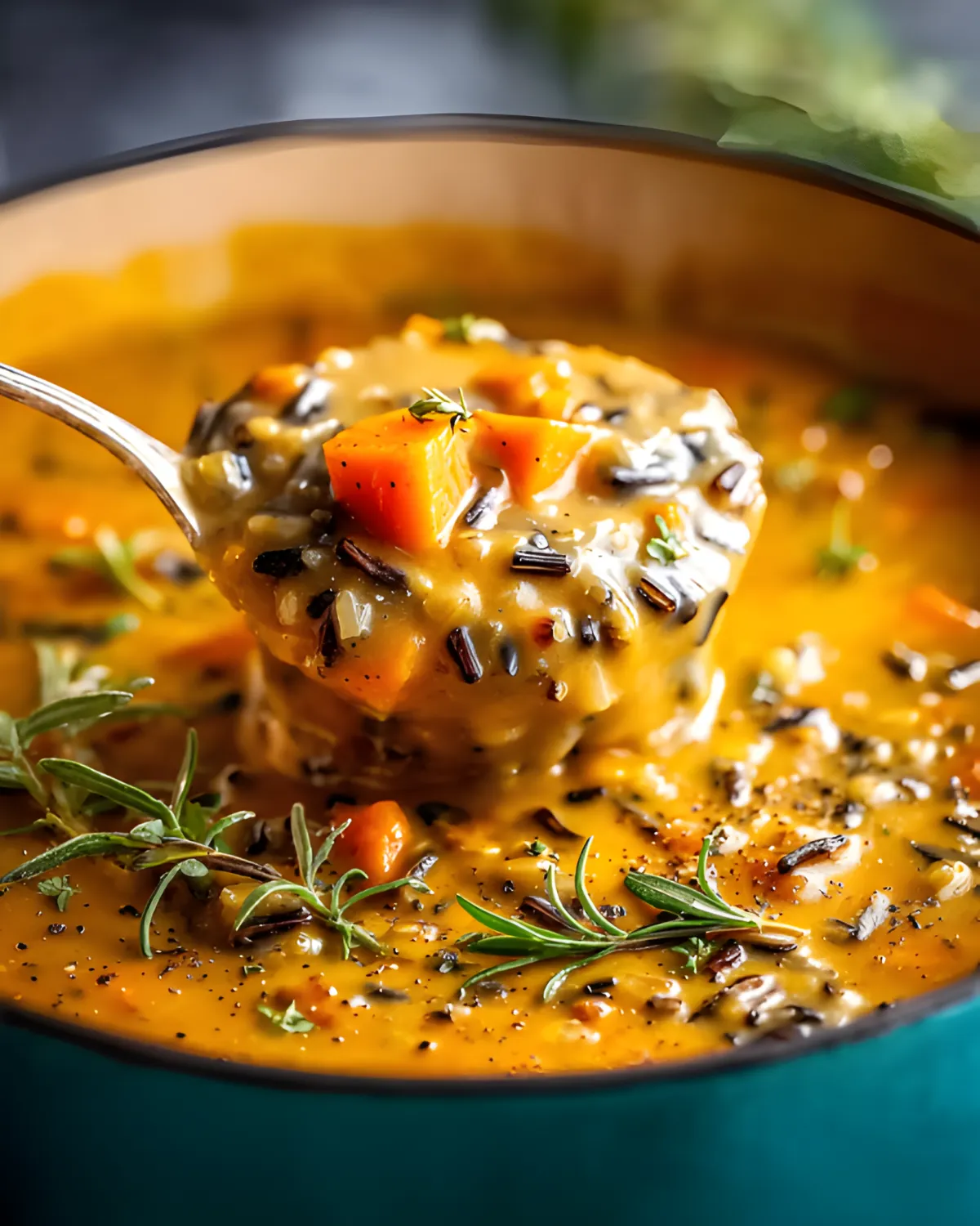 Close-up of vegan pumpkin wild rice soup with diced carrots and herbs in a ladle over a pot.