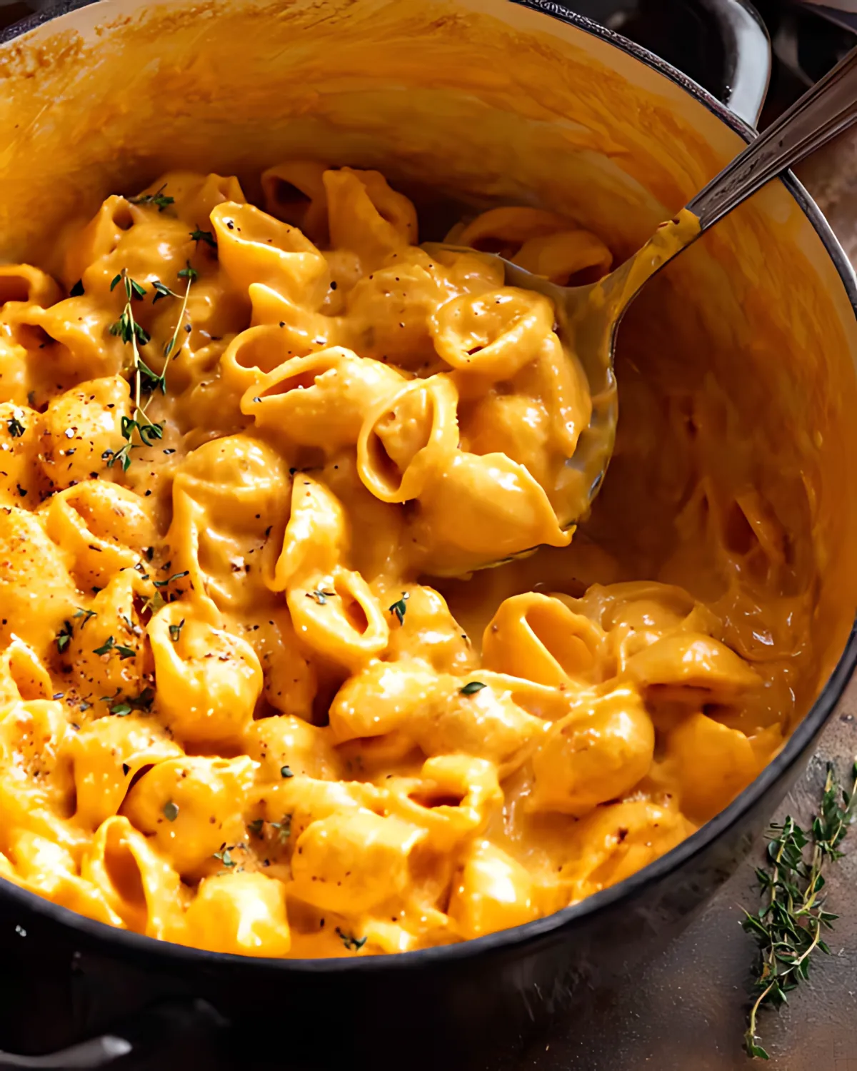 Close-up of stovetop pumpkin mac and cheese in a pot with a ladle and fresh thyme