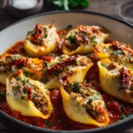 Halloween Stuffed Shells filled with savory meat, herbs, and melted cheese in a rich tomato sauce