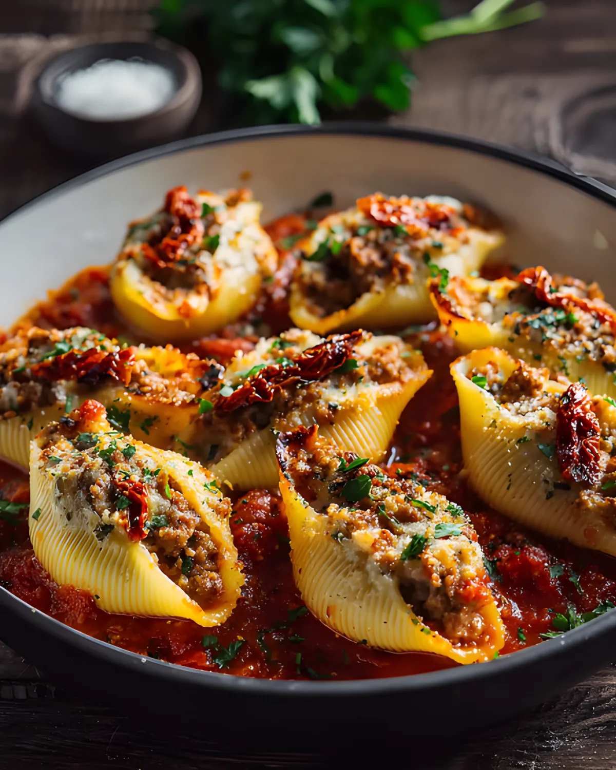 Halloween Stuffed Shells filled with savory meat, herbs, and melted cheese in a rich tomato sauce