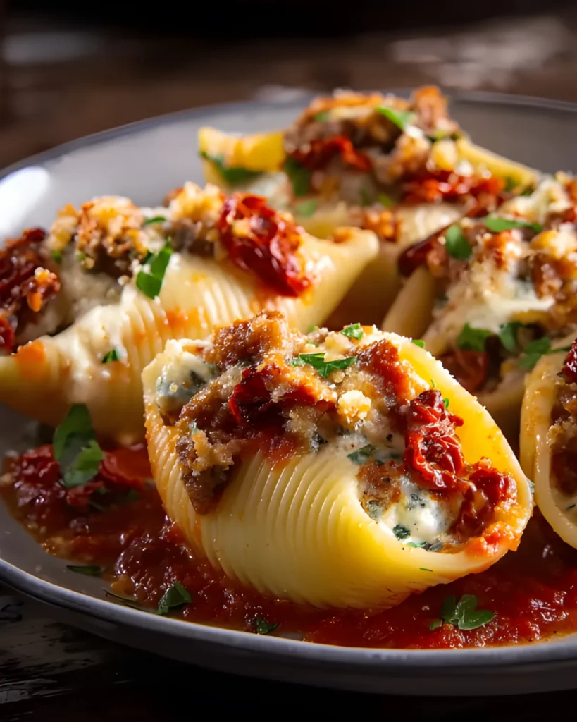 Close-up of Halloween Stuffed Shells filled with creamy cheese, herbs, and sun-dried tomatoes on tomato sauce