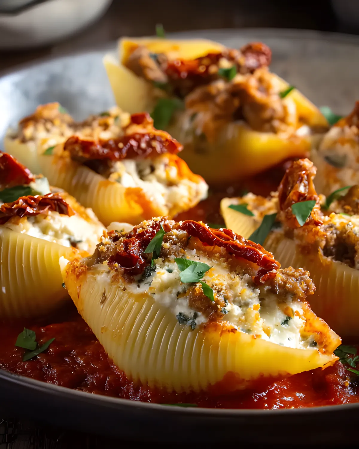 Halloween Stuffed Shells filled with ricotta cheese, ground meat, and topped with sun-dried tomatoes on a tomato sauce base