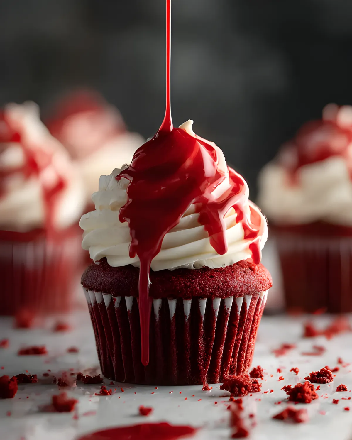 Close-up of Halloween Red Velvet Cupcakes with cream cheese frosting and red syrup drizzle