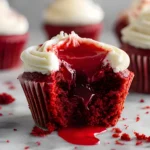 Halloween Red Velvet Cupcake with cream cheese frosting and oozing red filling for a spooky effect