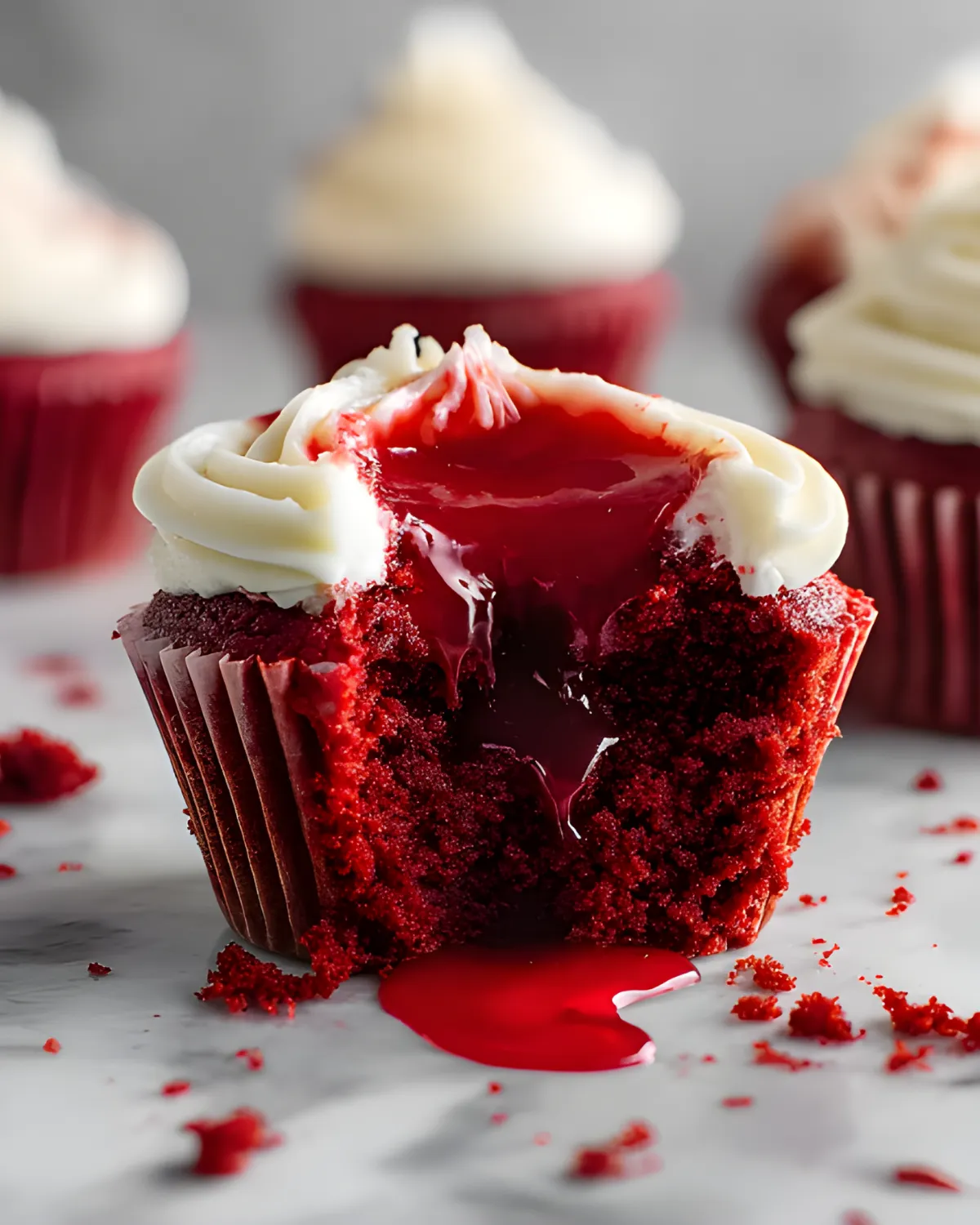 Halloween Red Velvet Cupcake with cream cheese frosting and oozing red filling for a spooky effect