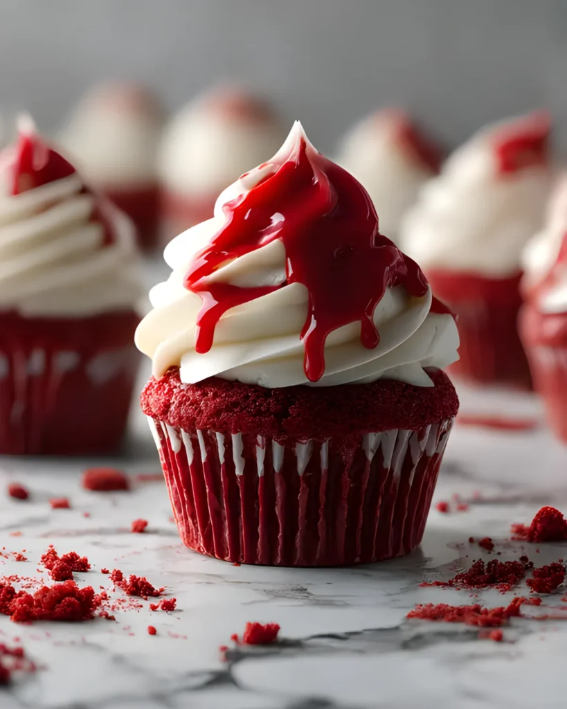 Halloween Red Velvet Cupcake topped with cream cheese frosting and dripping red syrup on marble background