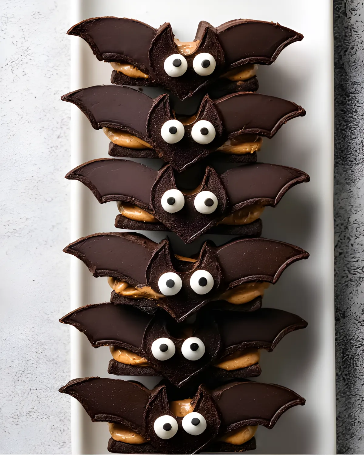 Bat Wing Chocolate Pretzel Mix with peanut butter and candy eyes on a white tray
