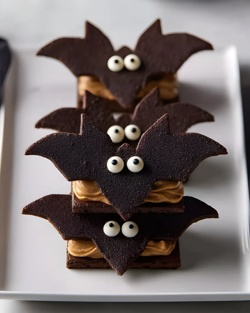 Bat Wing Chocolate Pretzel Mix featuring bat-shaped cookies with peanut butter and candy eyes on a serving plate