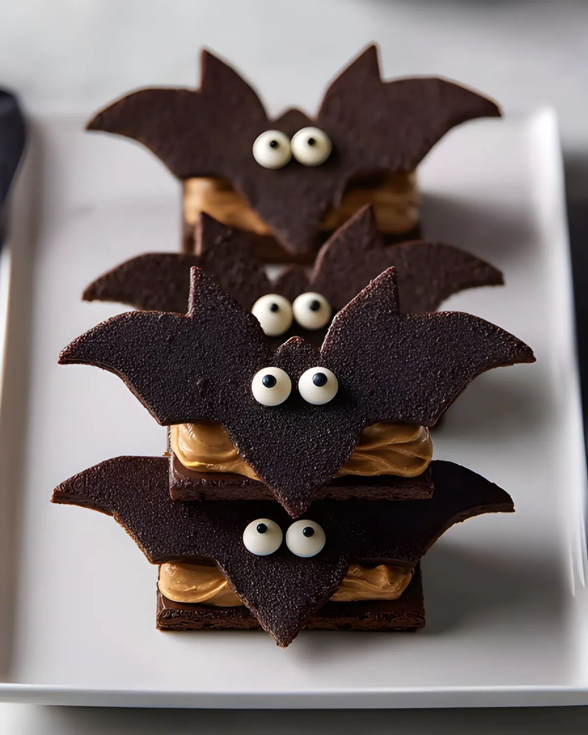 Bat Wing Chocolate Pretzel Mix featuring bat-shaped cookies with peanut butter and candy eyes on a serving plate