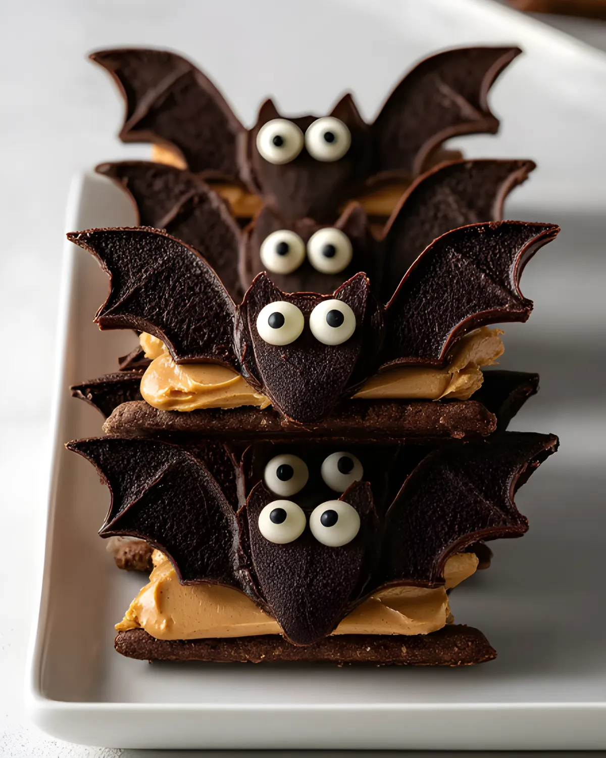 Close-up of Bat Wing Chocolate Pretzel Mix with chocolate bat shapes, peanut butter filling, and candy eyes on a white tray