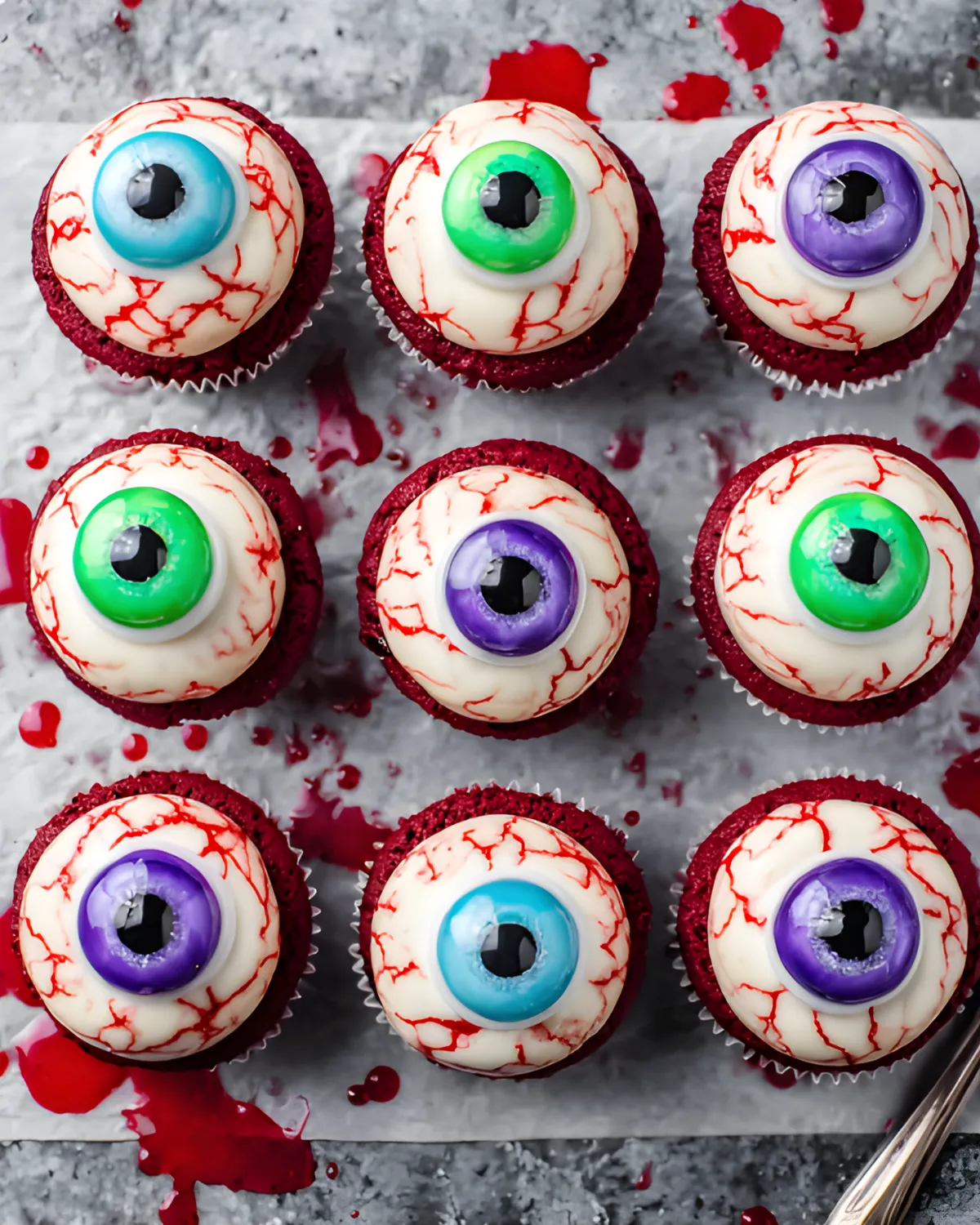 Creepy Halloween Eyeball Cupcakes with colorful candy irises and bloodshot frosting