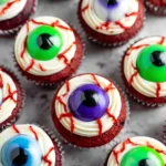 Eyeball Cupcakes with green, blue, and purple candy eyes on red velvet and white frosting