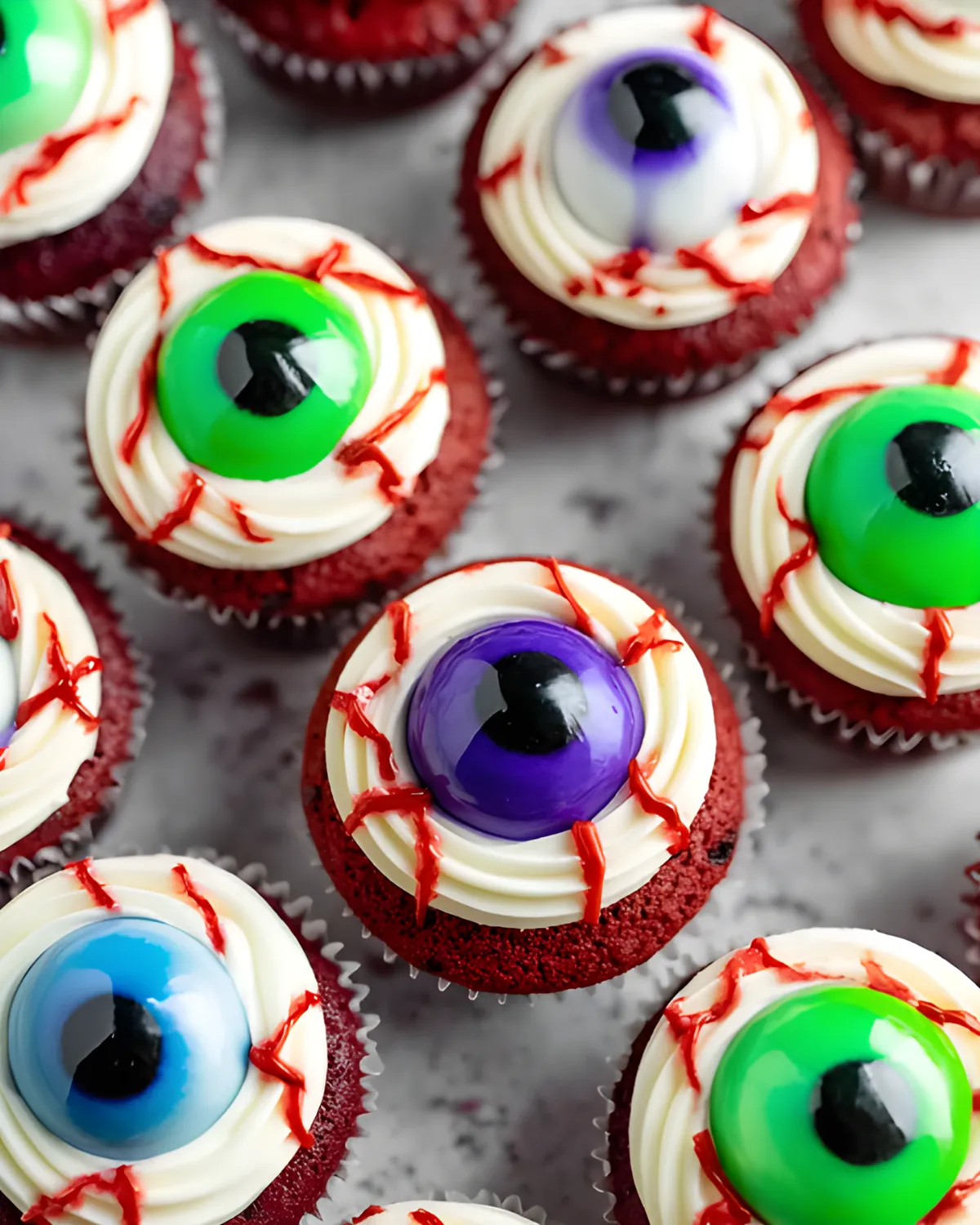 Eyeball Cupcakes with green, blue, and purple candy eyes on red velvet and white frosting