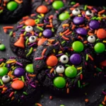 Black velvet Halloween cake cookies decorated with colorful candy eyes, sprinkles, and M&M candies