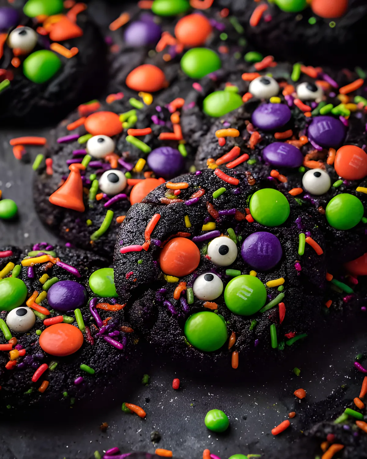 Black velvet Halloween cake cookies decorated with colorful candy eyes, sprinkles, and M&M candies