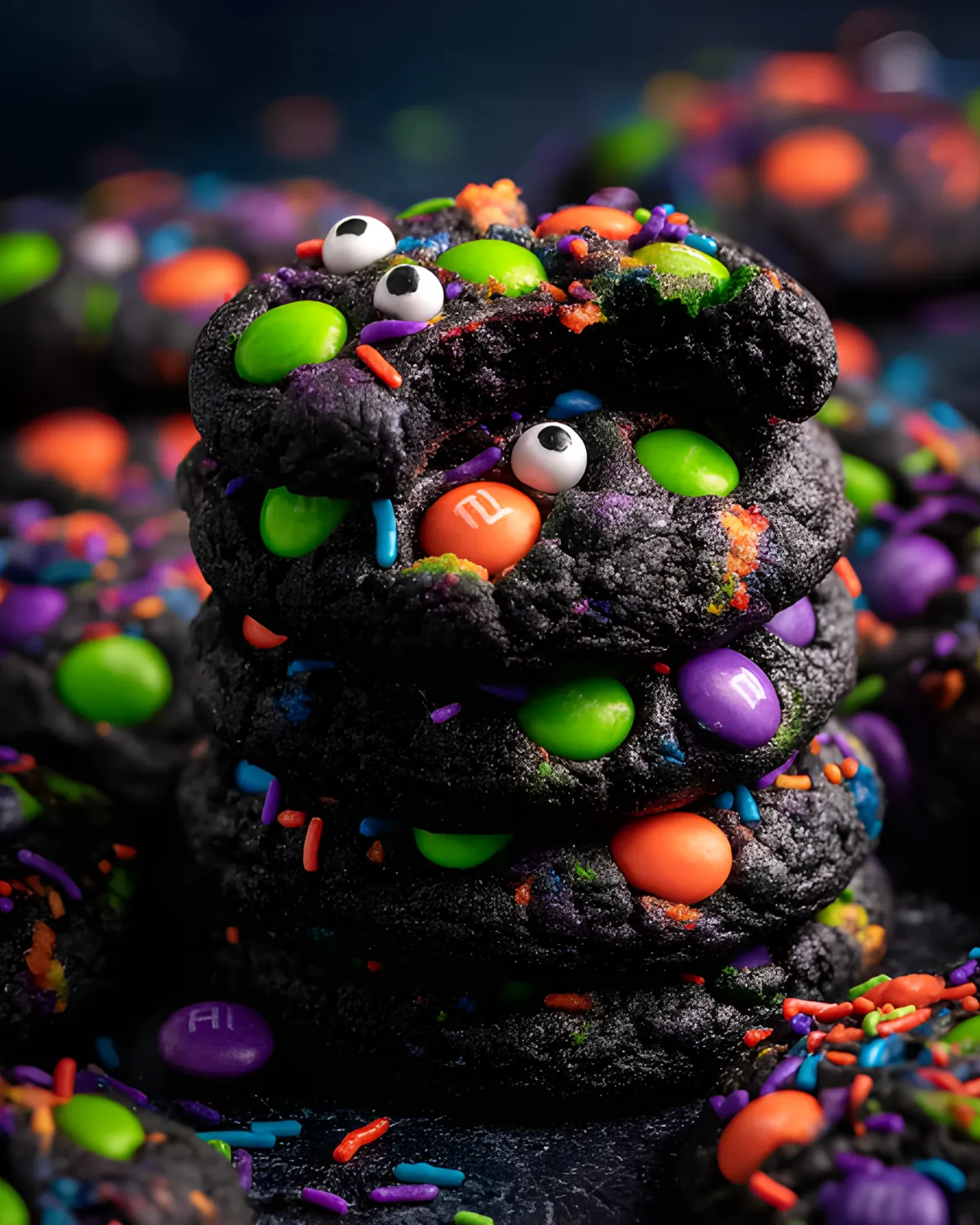 Stack of black velvet Halloween cake cookies topped with candy eyes, colorful sprinkles, and vibrant M&Ms