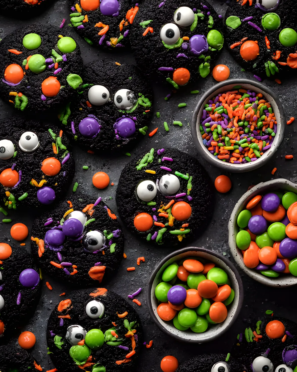 Black velvet Halloween cake cookies decorated with candy eyes, colorful M&Ms, and sprinkles in bowls and on cookies