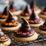Close-up of Halloween-themed Witch Hat Cookies topped with chocolate and colorful sprinkles on a cooling rack