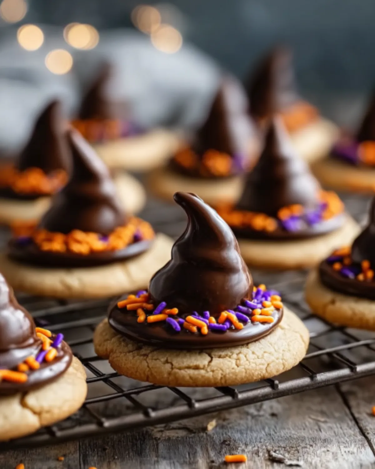 Close-up of Halloween-themed Witch Hat Cookies topped with chocolate and colorful sprinkles on a cooling rack