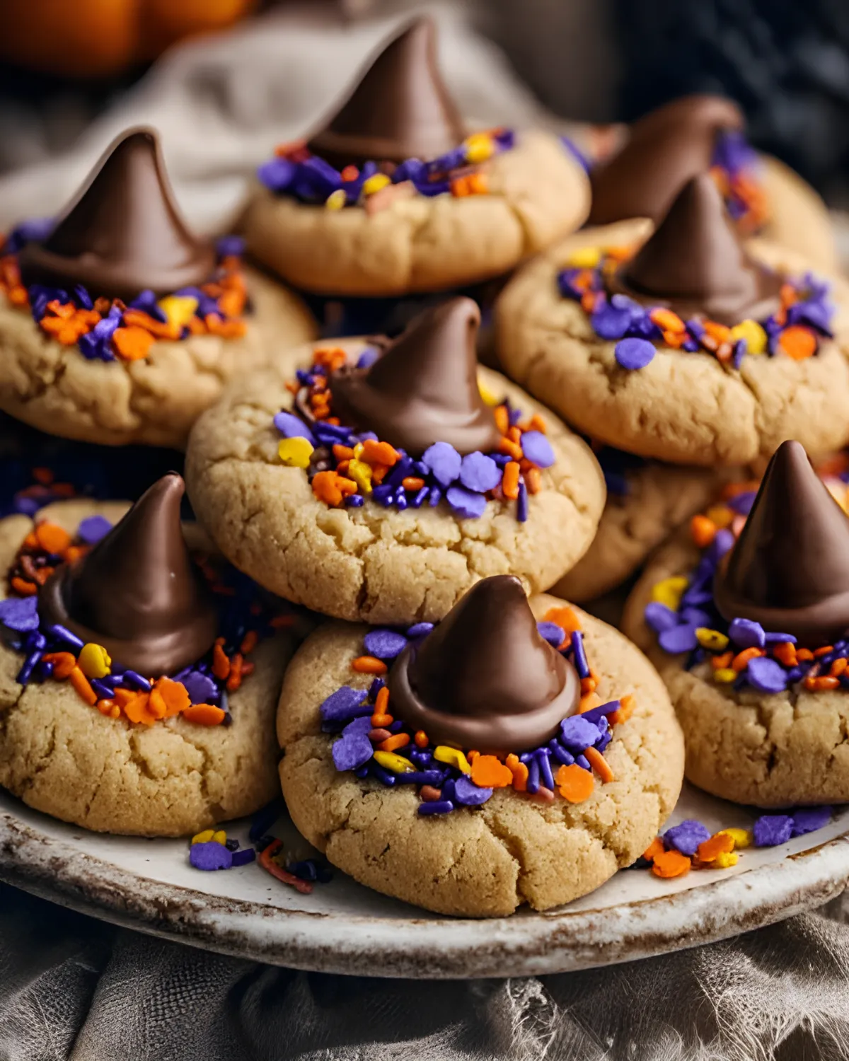 Plate of homemade Witch Hat Cookies topped with chocolate kisses and colorful Halloween sprinkles