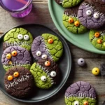 A platter of colorful Spooky Vegan Halloween Cookies decorated like monsters with candy eyes and stitched icing.